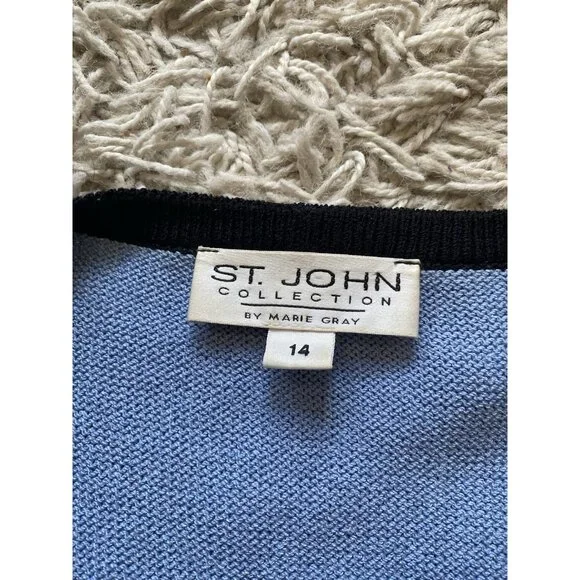 St. John Marie Gray Sweater Santana Knit 14 Blue Layering Wool Blend Duster